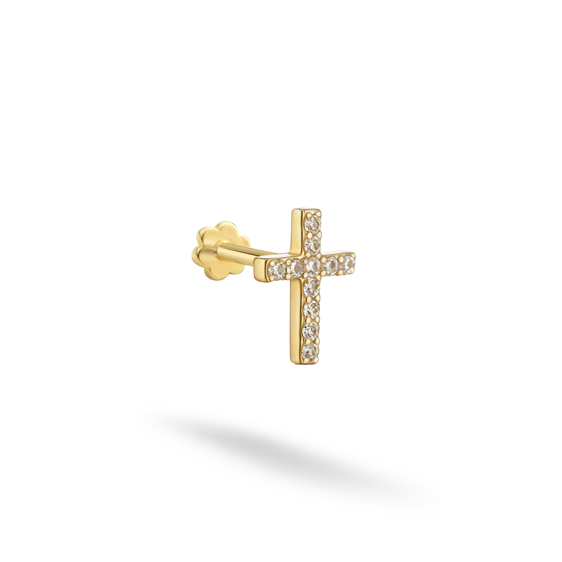 Cross Flatback Ear Piercing 14K Gold with CZ Stone