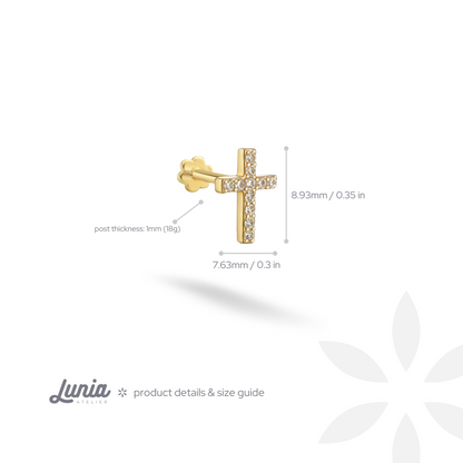 Cross Flatback Ear Piercing 14K Gold with CZ Stone
