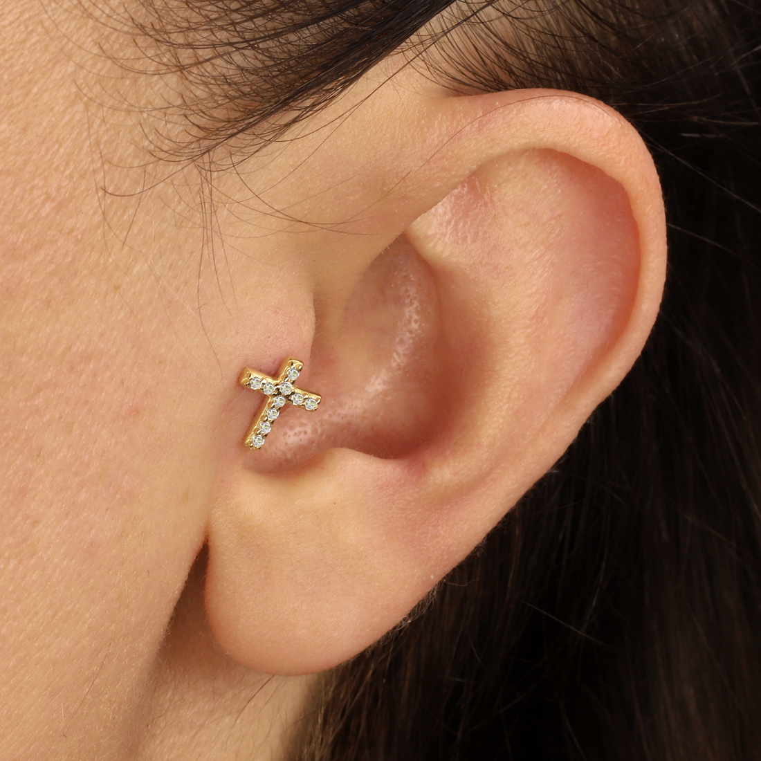 Cross Flatback Ear Jewelry 14K Gold with CZ Stone