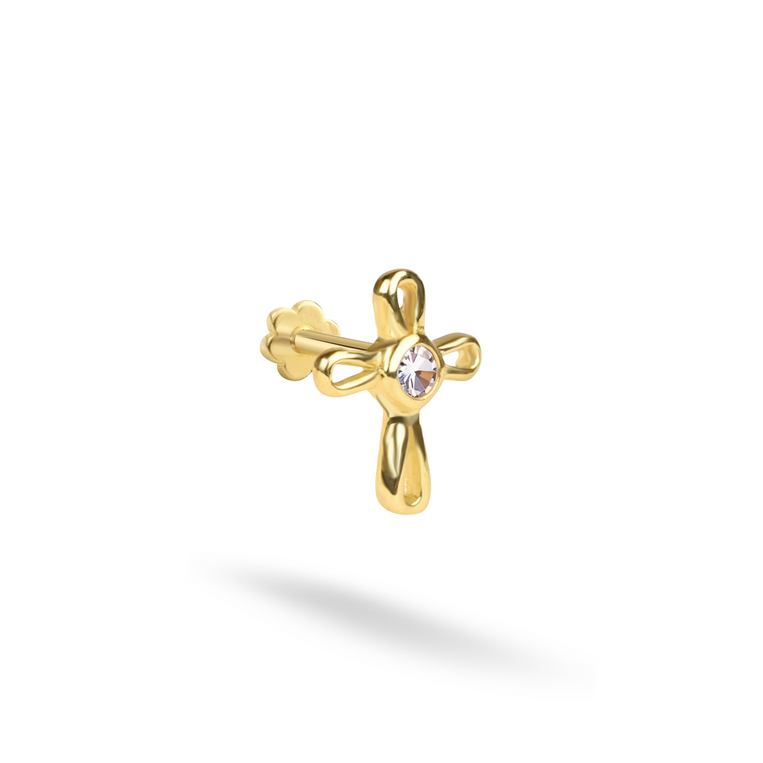 14K Gold Cross Solitaire Flatback Ear Piercing with CZ Stone