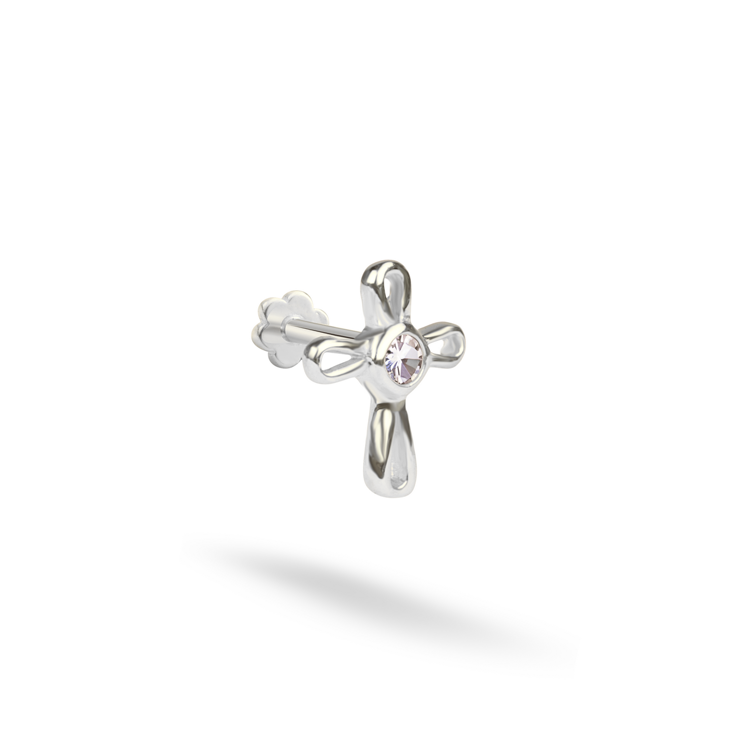 Cross Solitaire Flatback Ear Piercing 14K Gold with CZ Stone