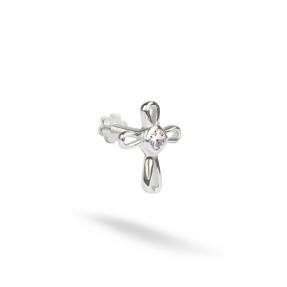 Cross Solitaire Flatback Ear Piercing 14K Gold with CZ Stone