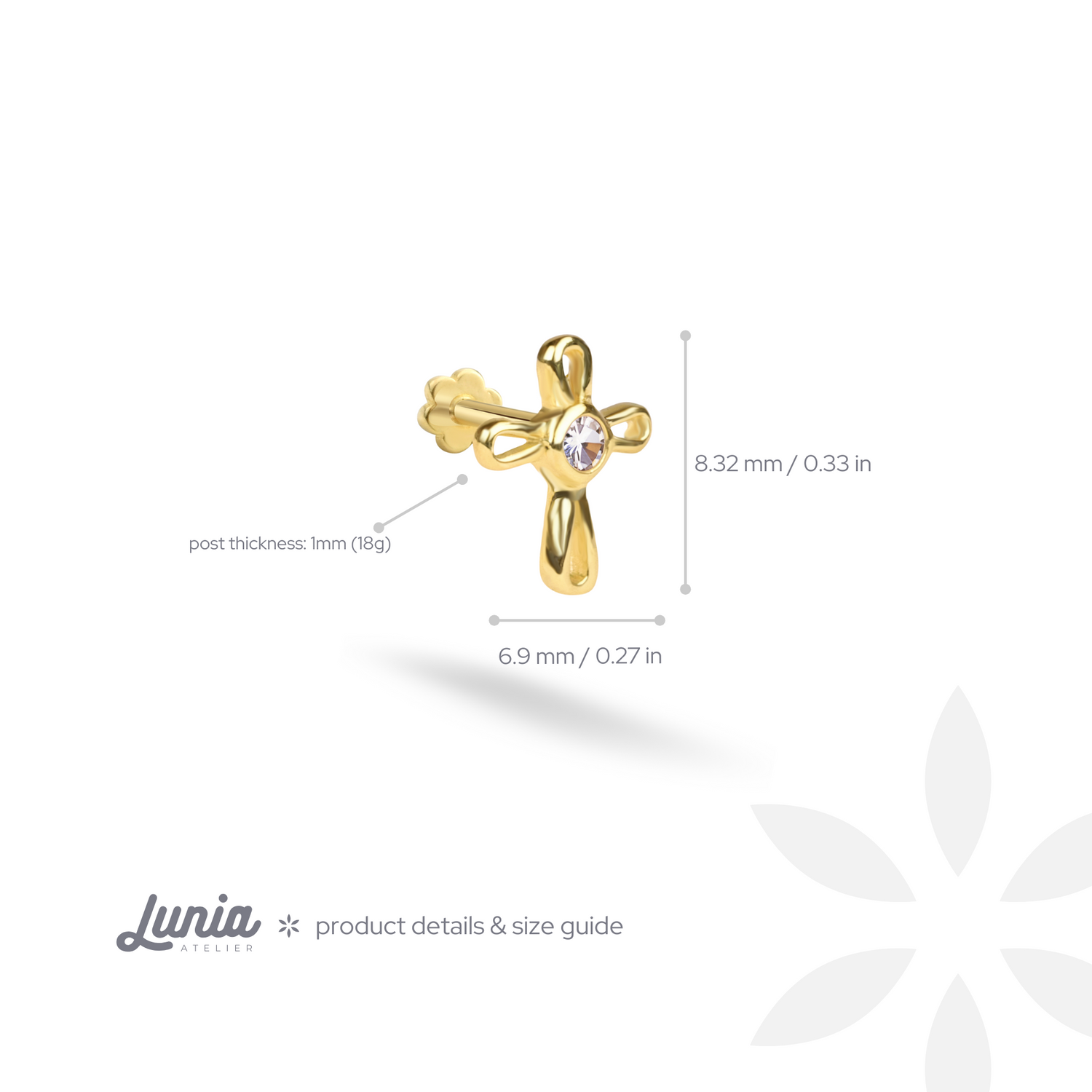 Cross Solitaire Flatback Ear Piercing 14K Gold with CZ Stone