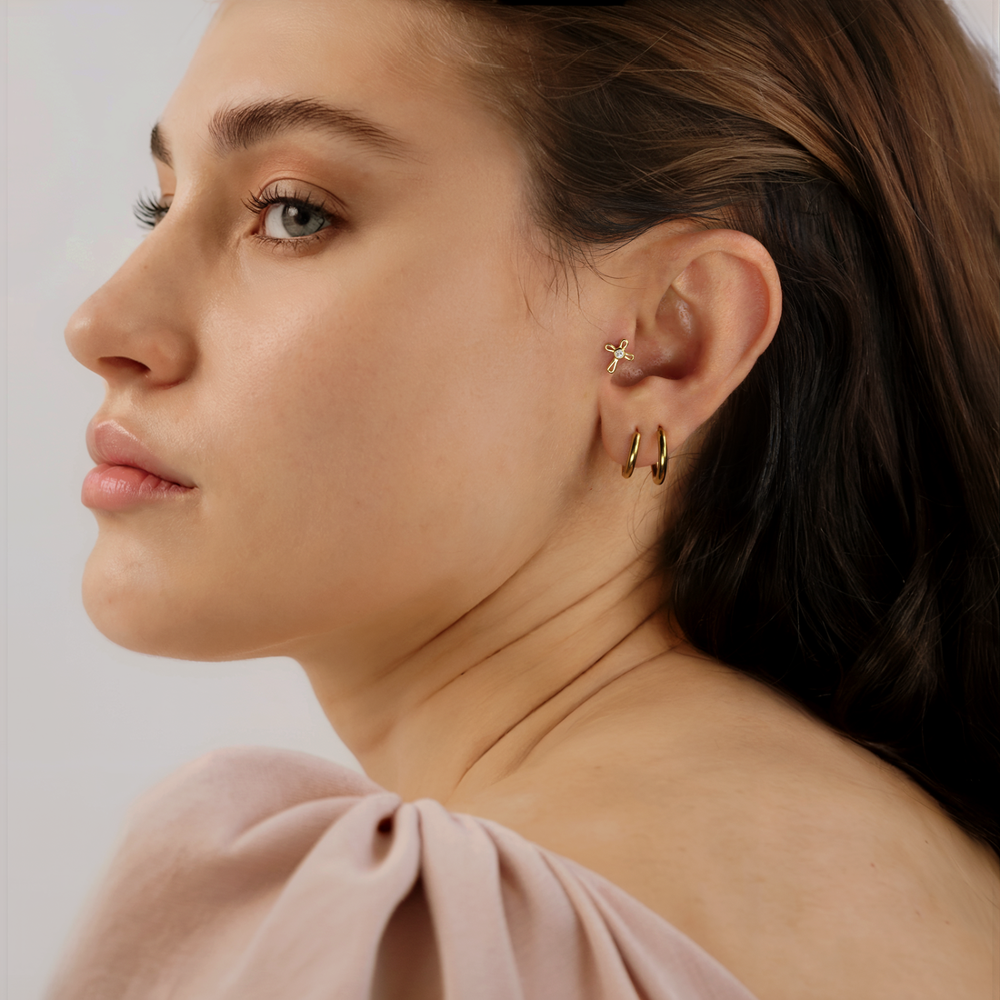 Cross Solitaire Flatback Ear Piercing 14K Gold with CZ Stone