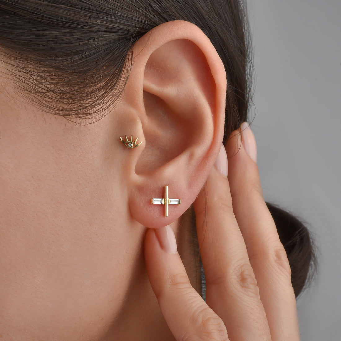 Cross Stone Symbol Stud Diamond 14K Gold Earrings / Silver