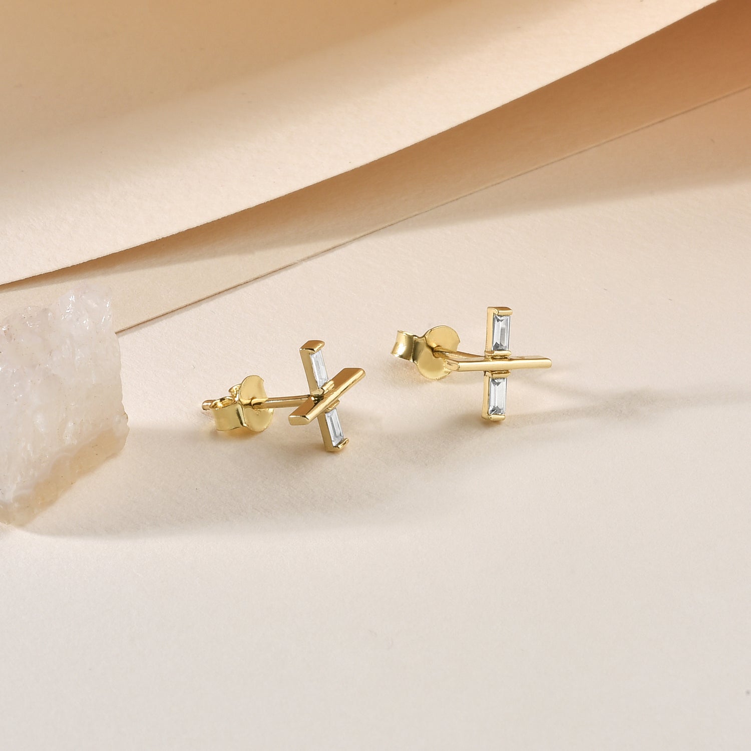 Cross Stone Symbol Stud Diamond 14K Gold Earrings / Silver