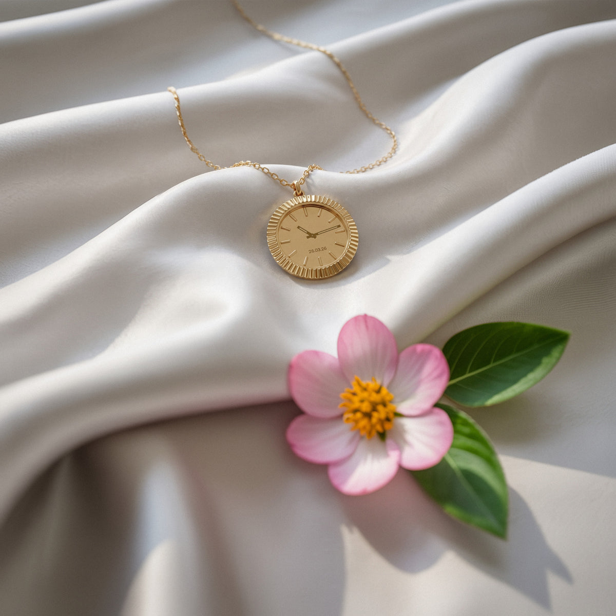 Watch pendant with its engraved dial lying on draped satin, a single pink cosmos in the corner