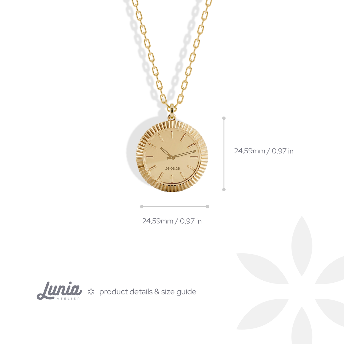 The watch face pendant is a 24.59 mm circle, drawn to scale with its inch conversion