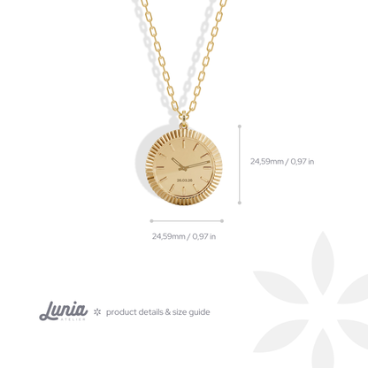 The watch face pendant is a 24.59 mm circle, drawn to scale with its inch conversion