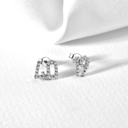 Custom Number Personalized Double Digit Stud Diamond 14K Gold Earrings / Silver