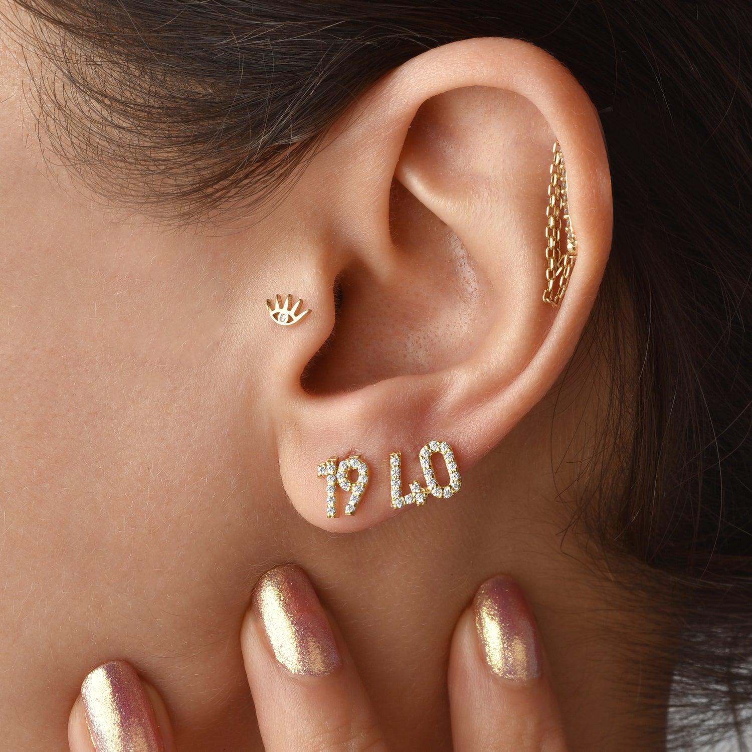 Custom Number Personalized Double Digit Stud 14K Gold Earrings in close-up view showing detailed number design