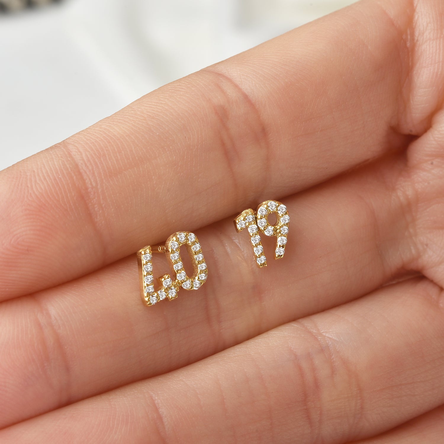 Custom Number Personalized Double Digit Stud Diamond 14K Gold Earrings / Silver