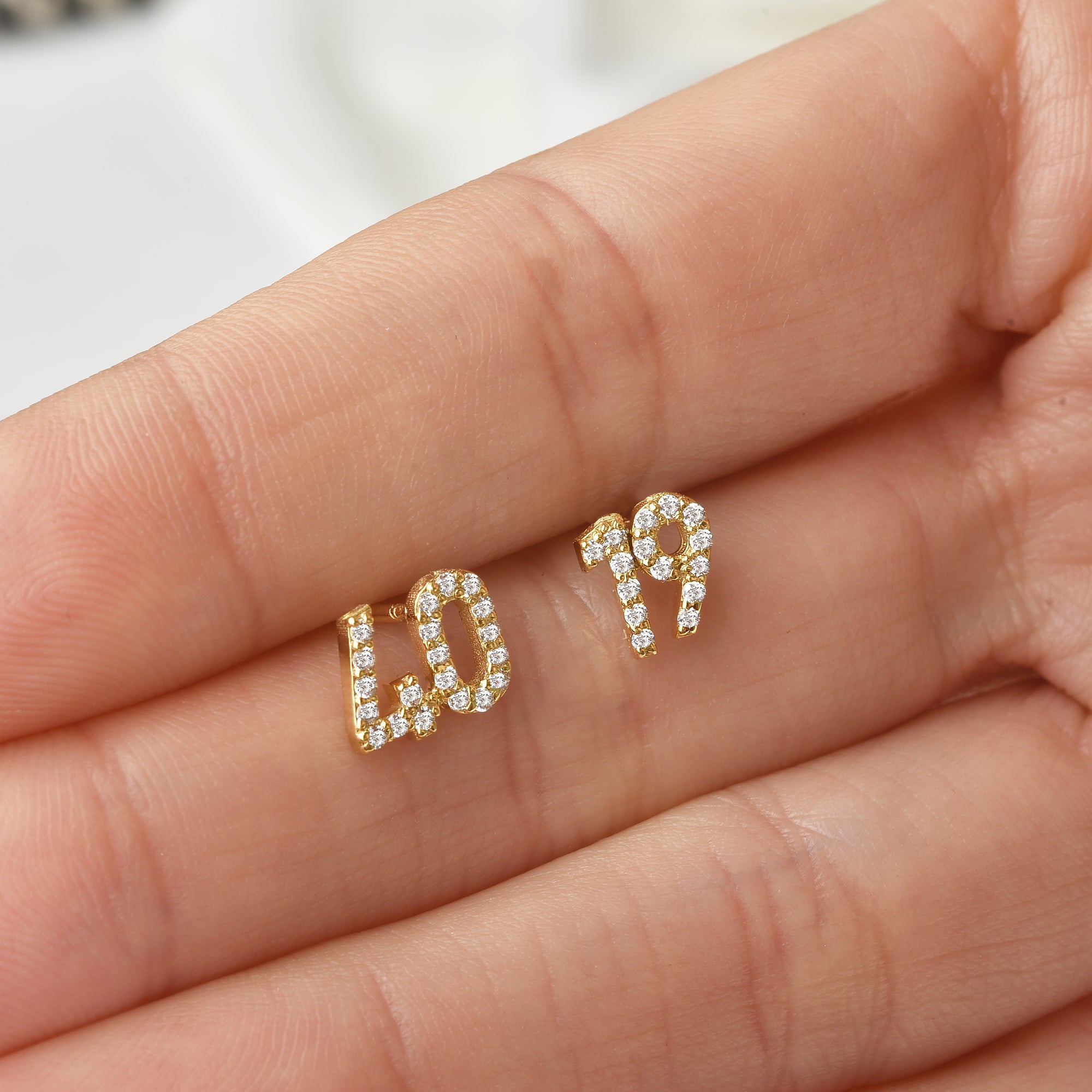 Custom Number Personalized Double Digit Stud Diamond 14K Gold Earrings / Silver