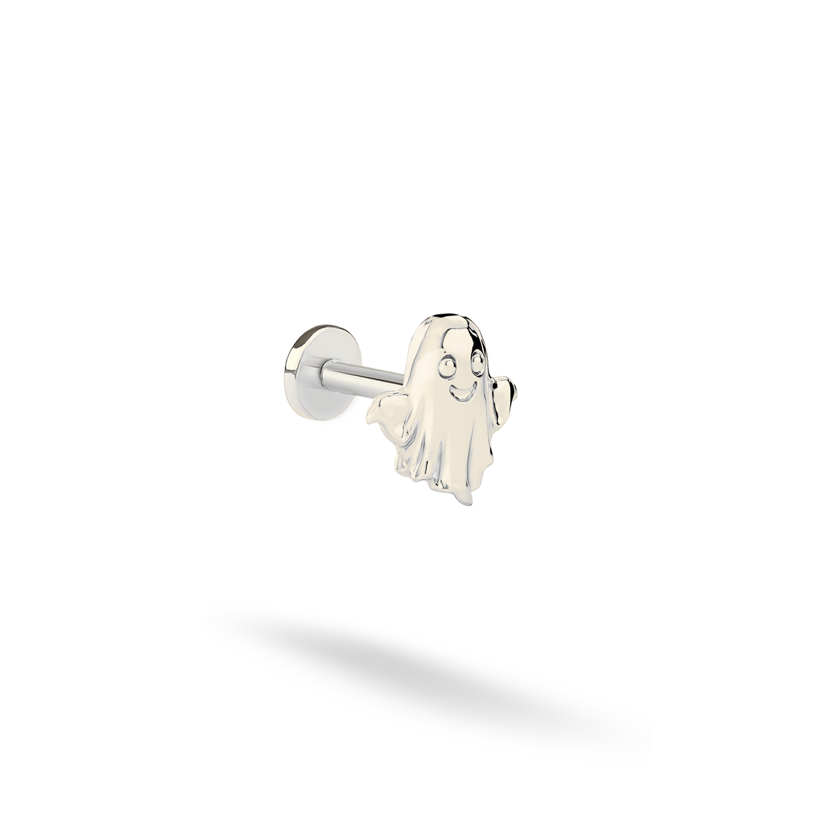 Cool-toned 14K white gold version of the Cute Ghost Halloween Flatback Ear Piercing on a clean white background.