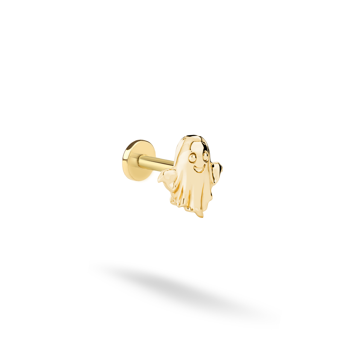 Cute Ghost Halloween Flatback Ear Piercing in polished 14K yellow gold, front studio view of the smiling ghost silhouette.