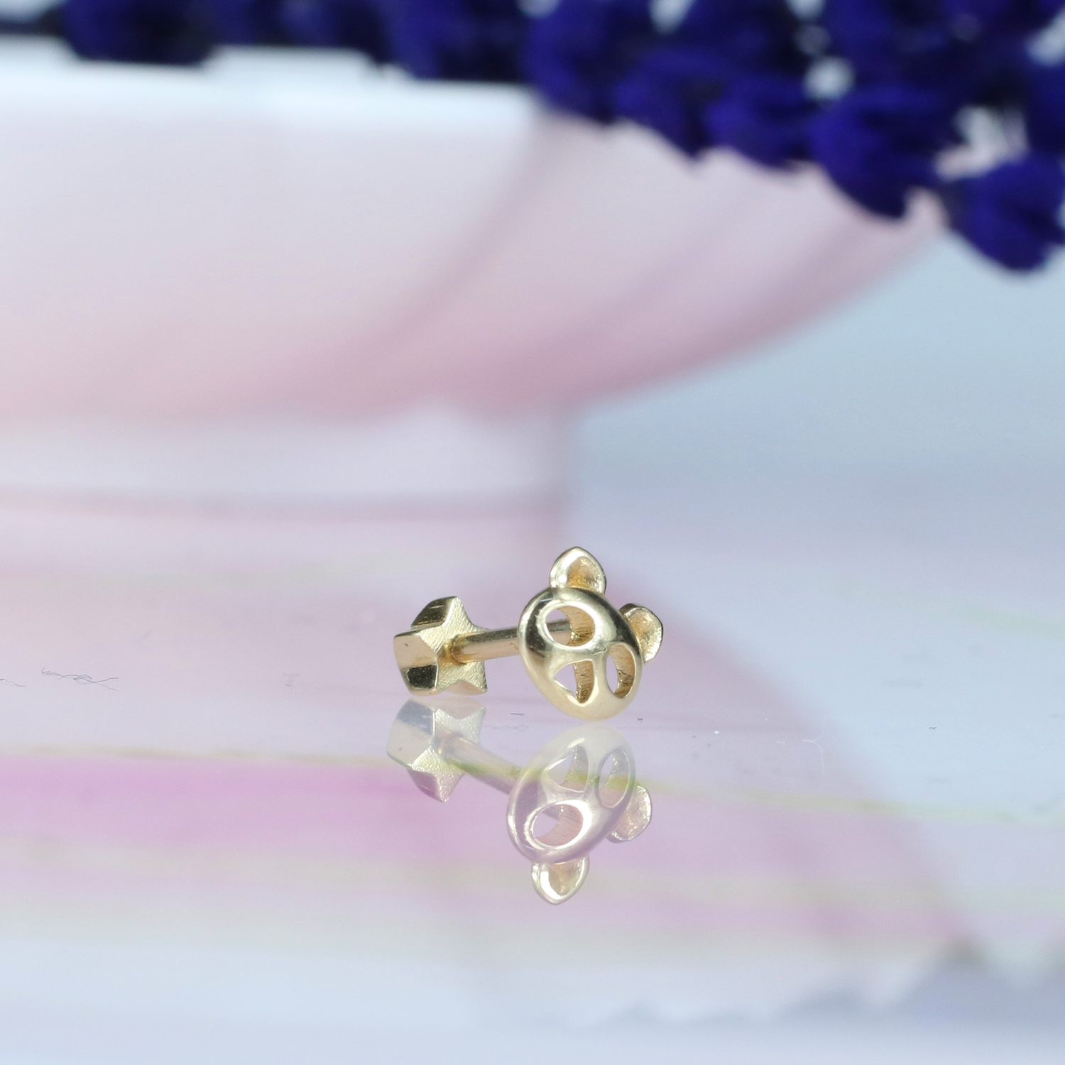 Cute Bear Head Flatback Ear Piercing 14K Gold