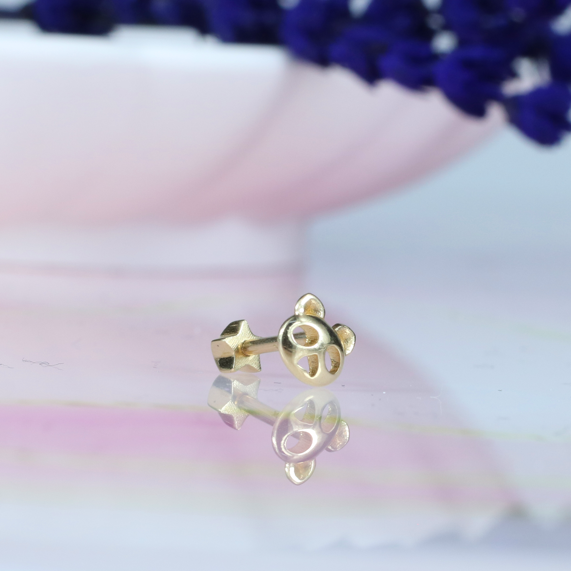 Cute Bear Head Flatback Ear Piercing 14K Gold