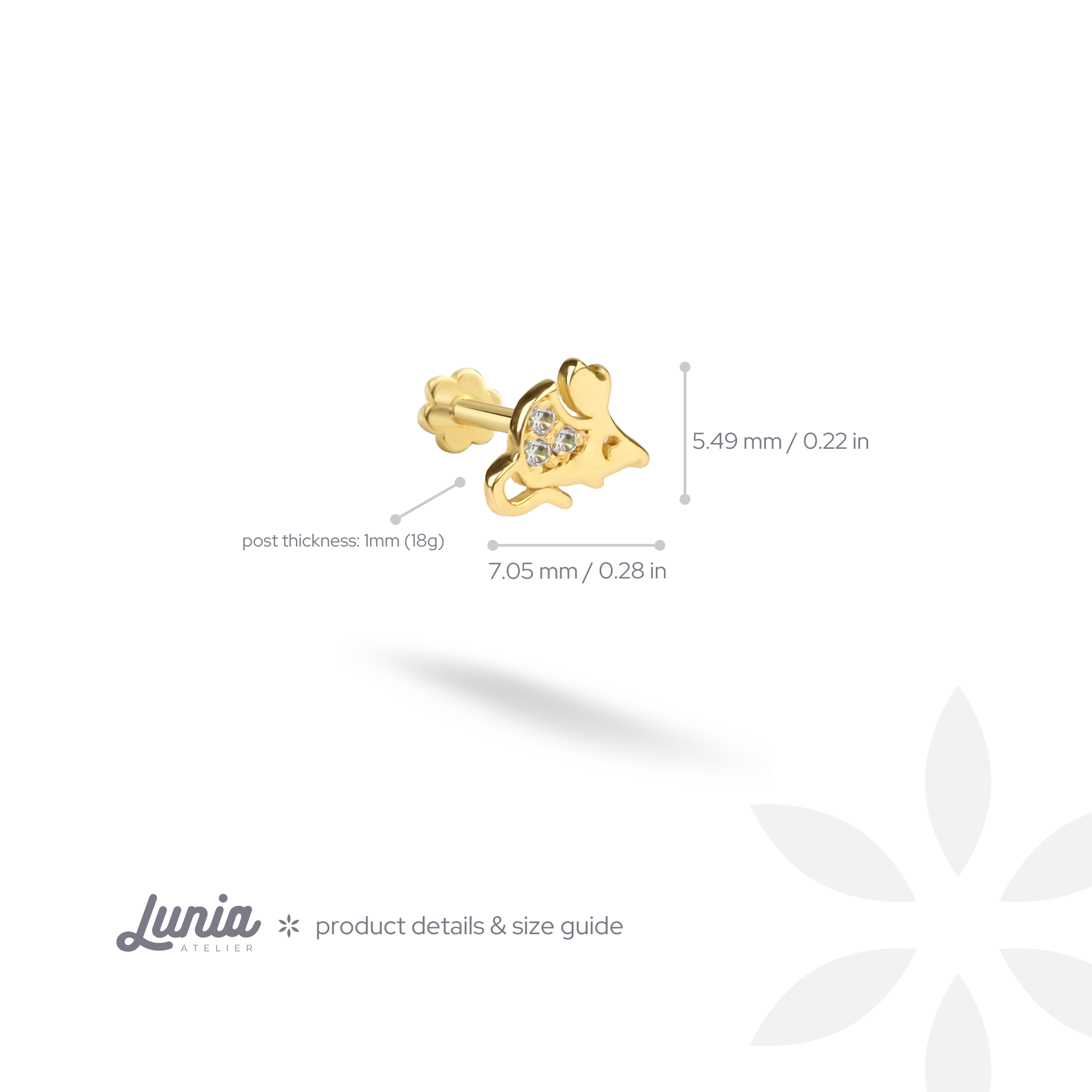 Cute Mouse Flatback Ear Piercing 14K Gold with CZ Stone