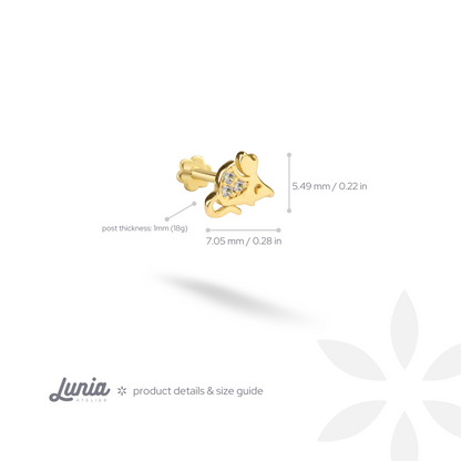 Cute Mouse Flatback Ear Piercing 14K Gold with CZ Stone