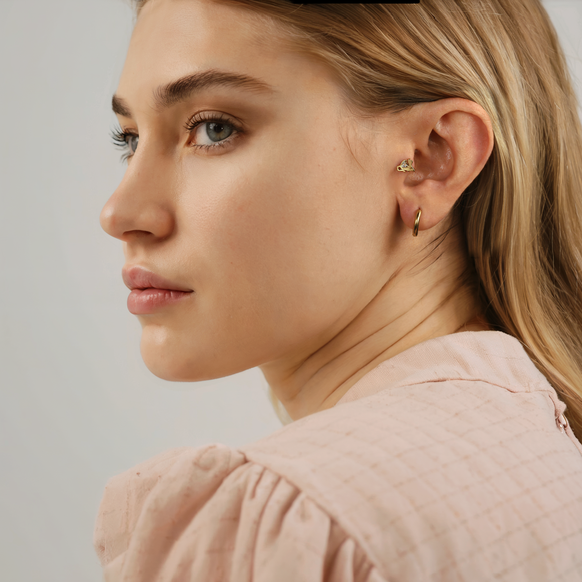 Cute Mouse Flatback Ear Piercing 14K Gold with CZ Stone