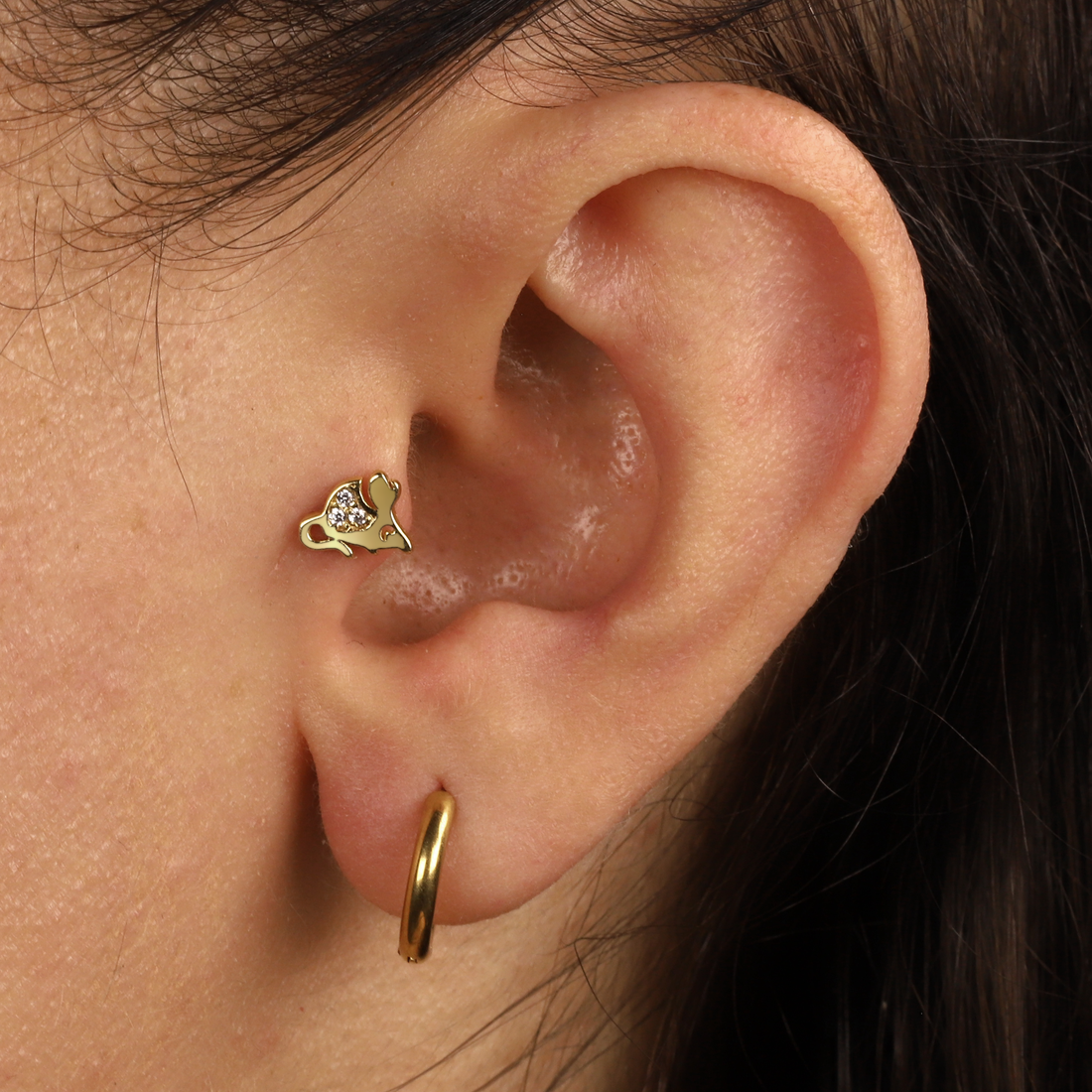 Cute Mouse Flatback Ear Piercing 14K Gold with CZ Stone