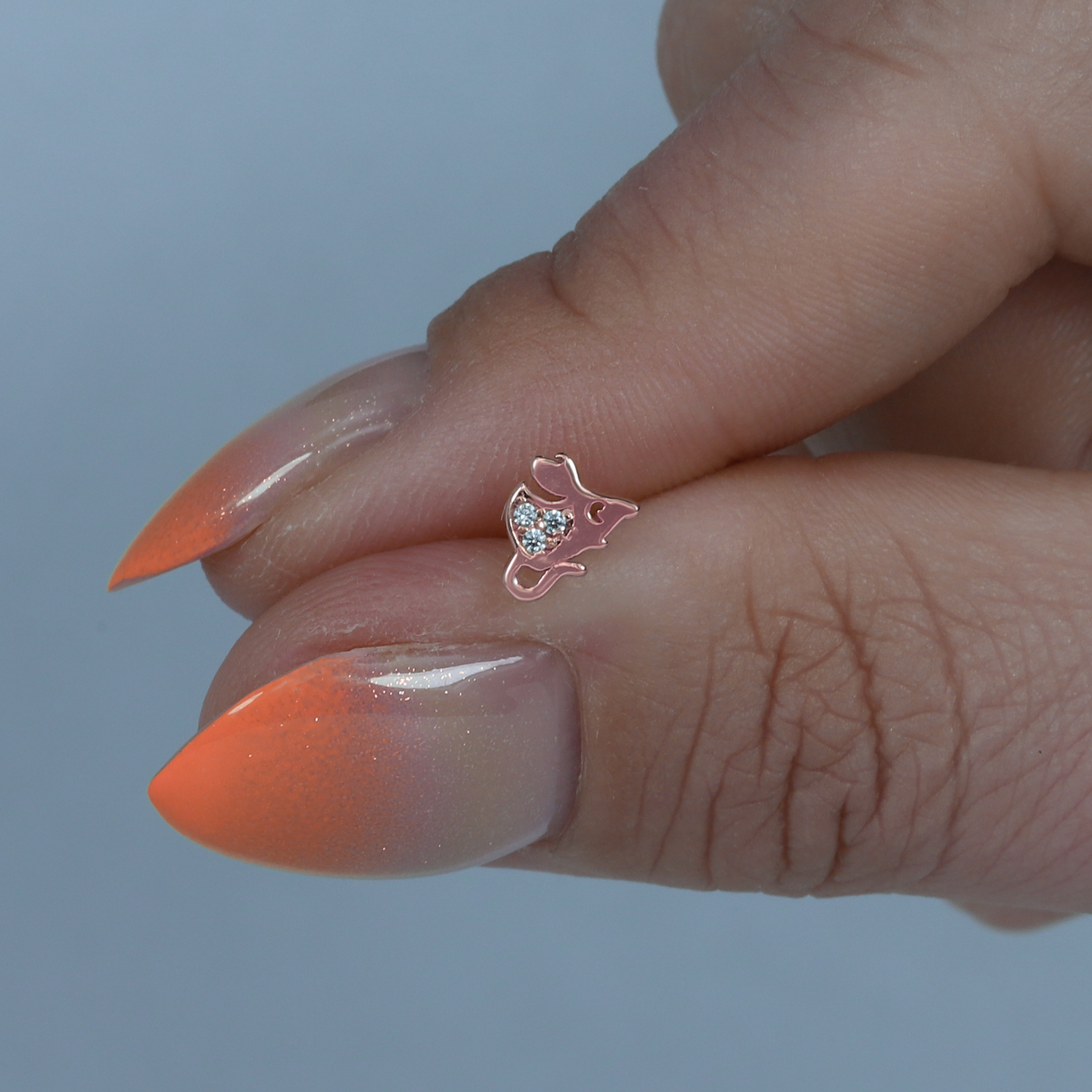 Cute Mouse Flatback Ear Piercing 14K Gold with CZ Stone