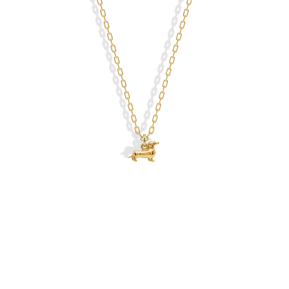 Dachshund Sausage Dog Pendant Necklace in 14K yellow gold, long-backed with short legs and raised tail