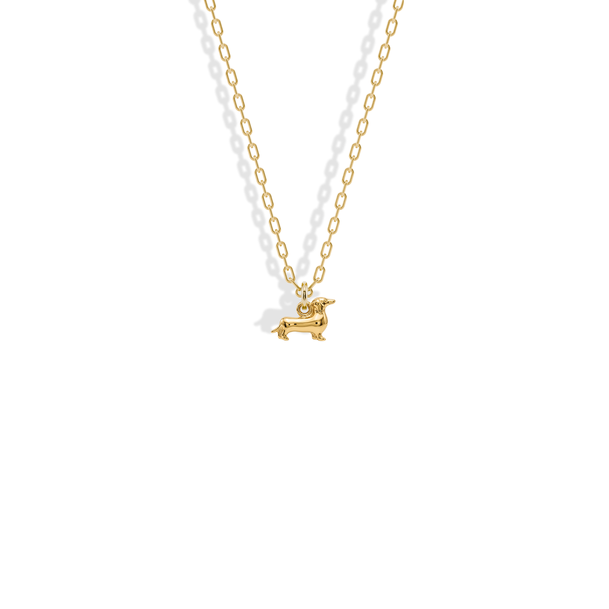 Dachshund Sausage Dog Pendant Necklace in 14K yellow gold, long-backed with short legs and raised tail