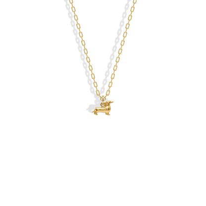 Dachshund Sausage Dog Pendant Necklace in 14K yellow gold, long-backed with short legs and raised tail