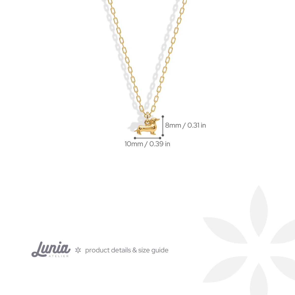 Doxie pendant proportions shown at 10 mm long and 8 mm high