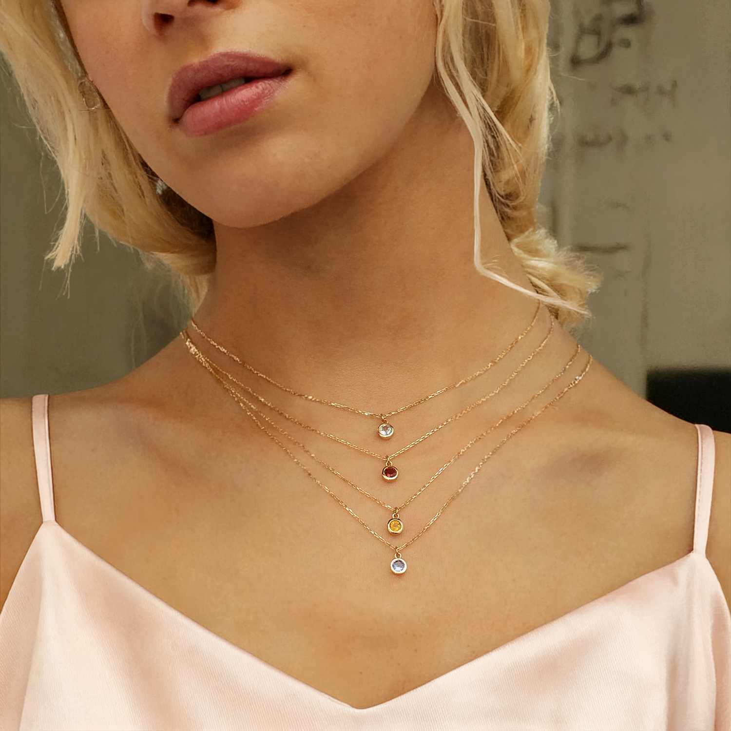 Dainty Birthstone Gemstone Chain Necklace 14K Gold