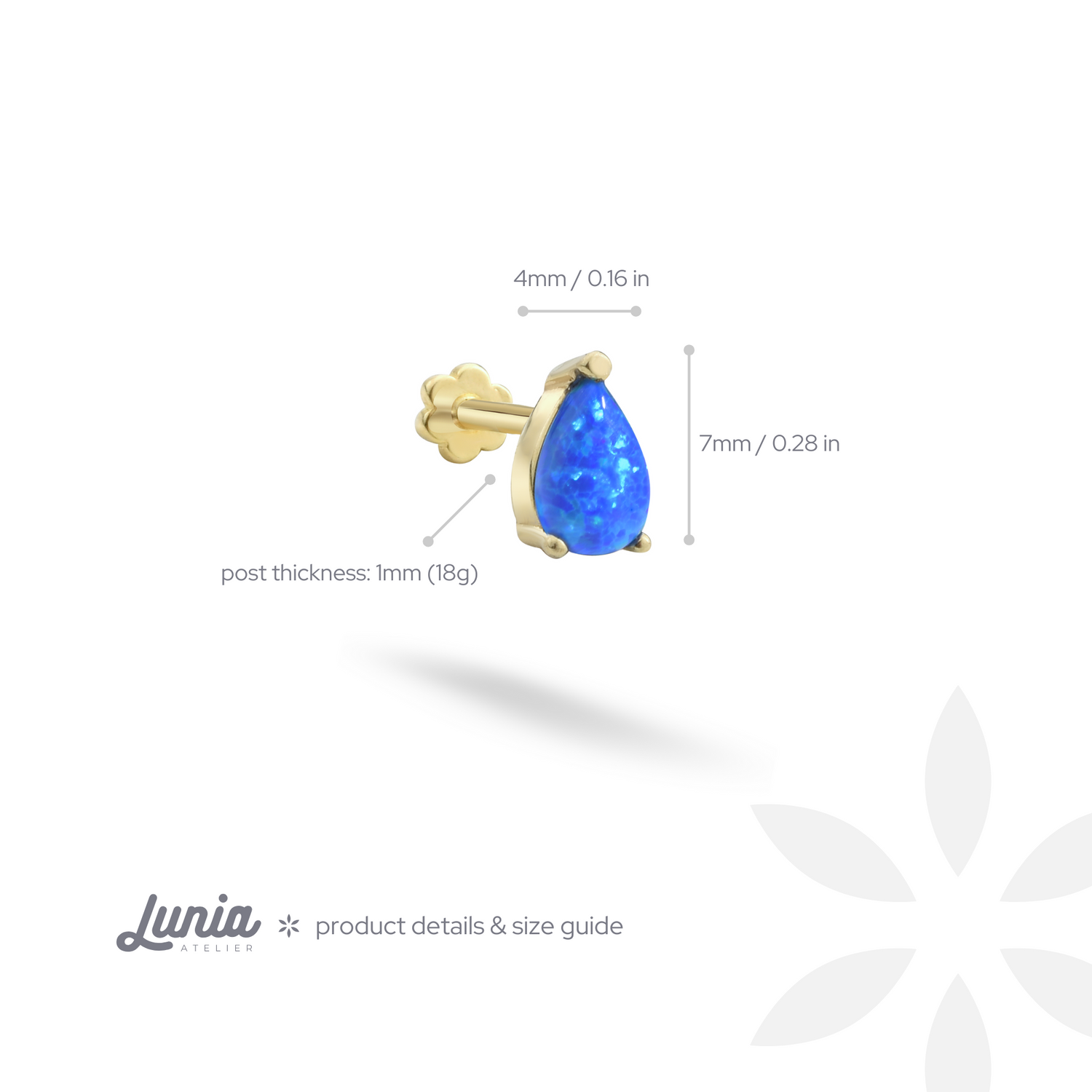 Dark Blue Drop Flatback Ear Piercing 14K Gold with CZ Stone