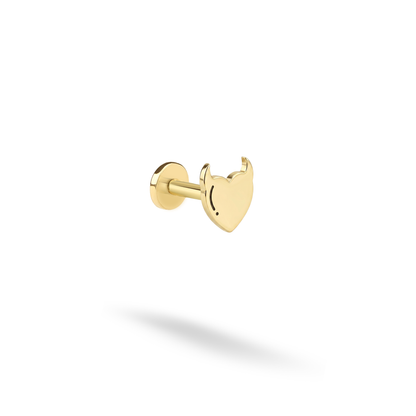 Devil Heart Flatback Ear Piercing in 14K Gold or Silver. Hand Made Horned Heart design with a cute devil style for cartilage, helix, tragus, or lobe.