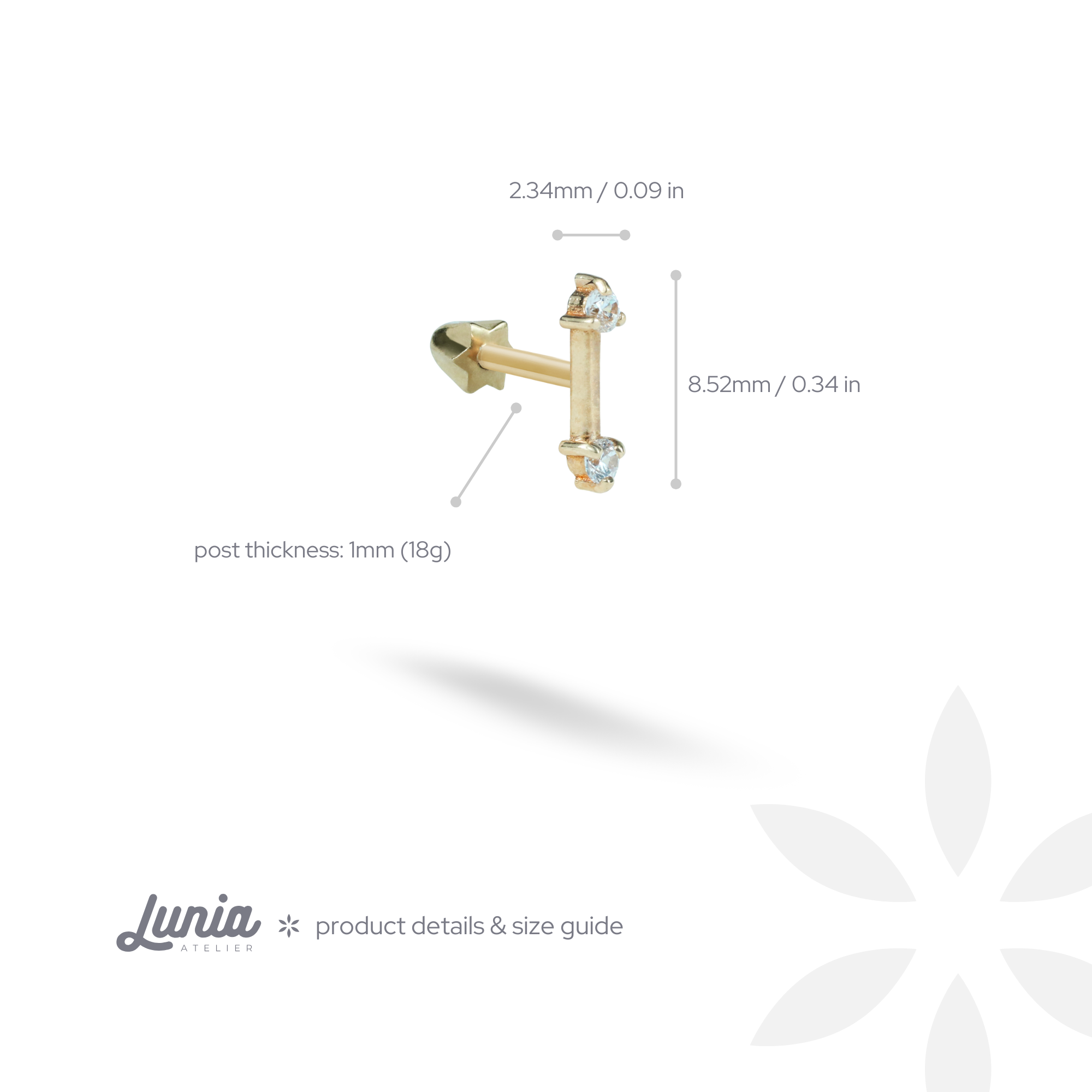 Double Arrow Flatback Ear Piercing 14K Gold with CZ Stone