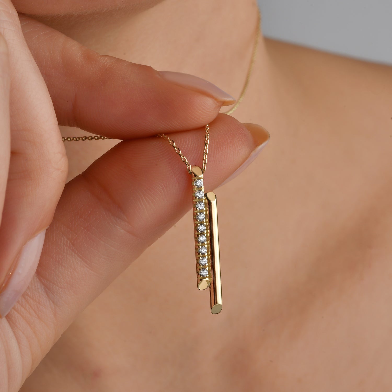 Double Bar Diamond Necklace 14K Gold / Silver elegant silver double bar diamond necklace on neck