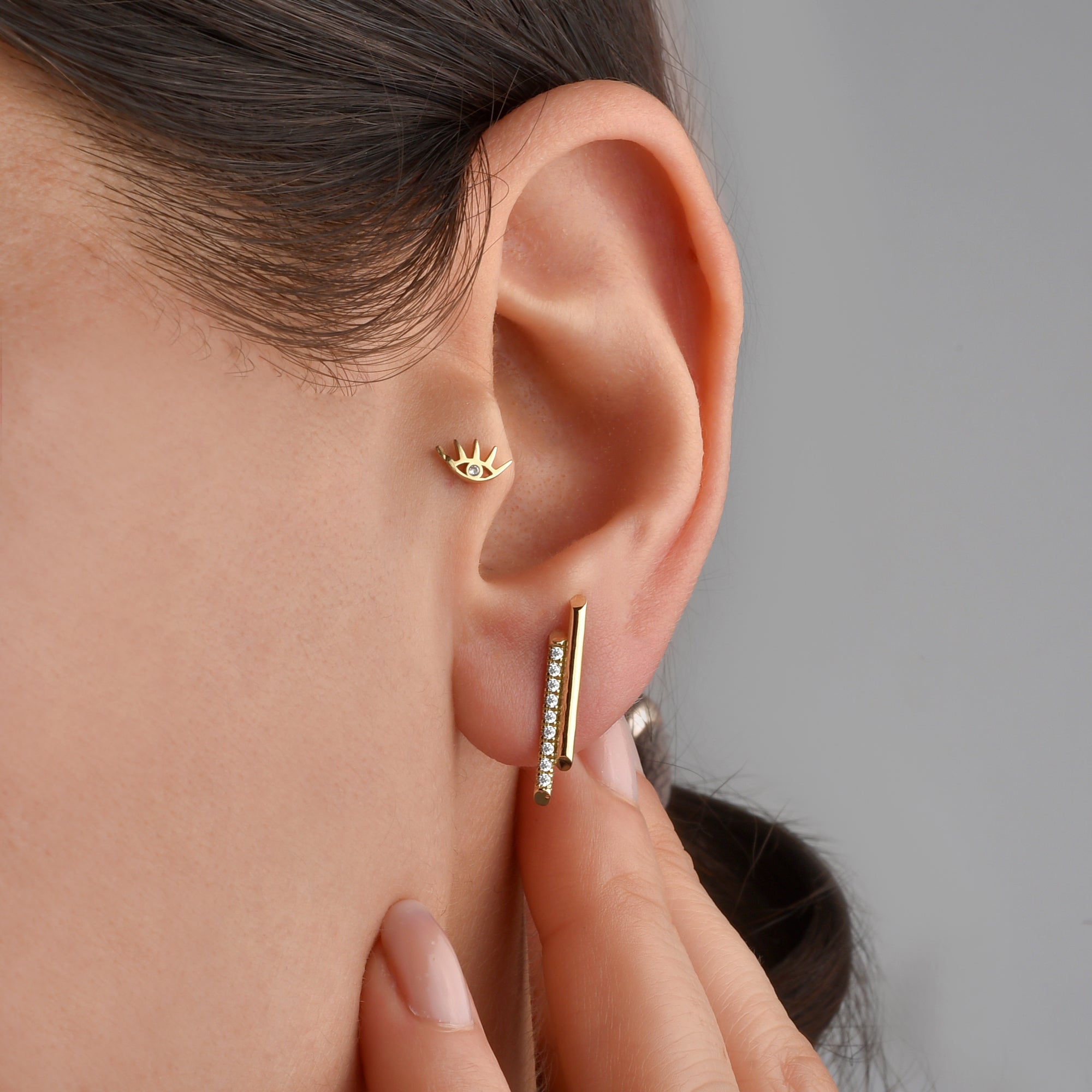 Double Bar Stud 14K Gold Diamond Earrings / Silver