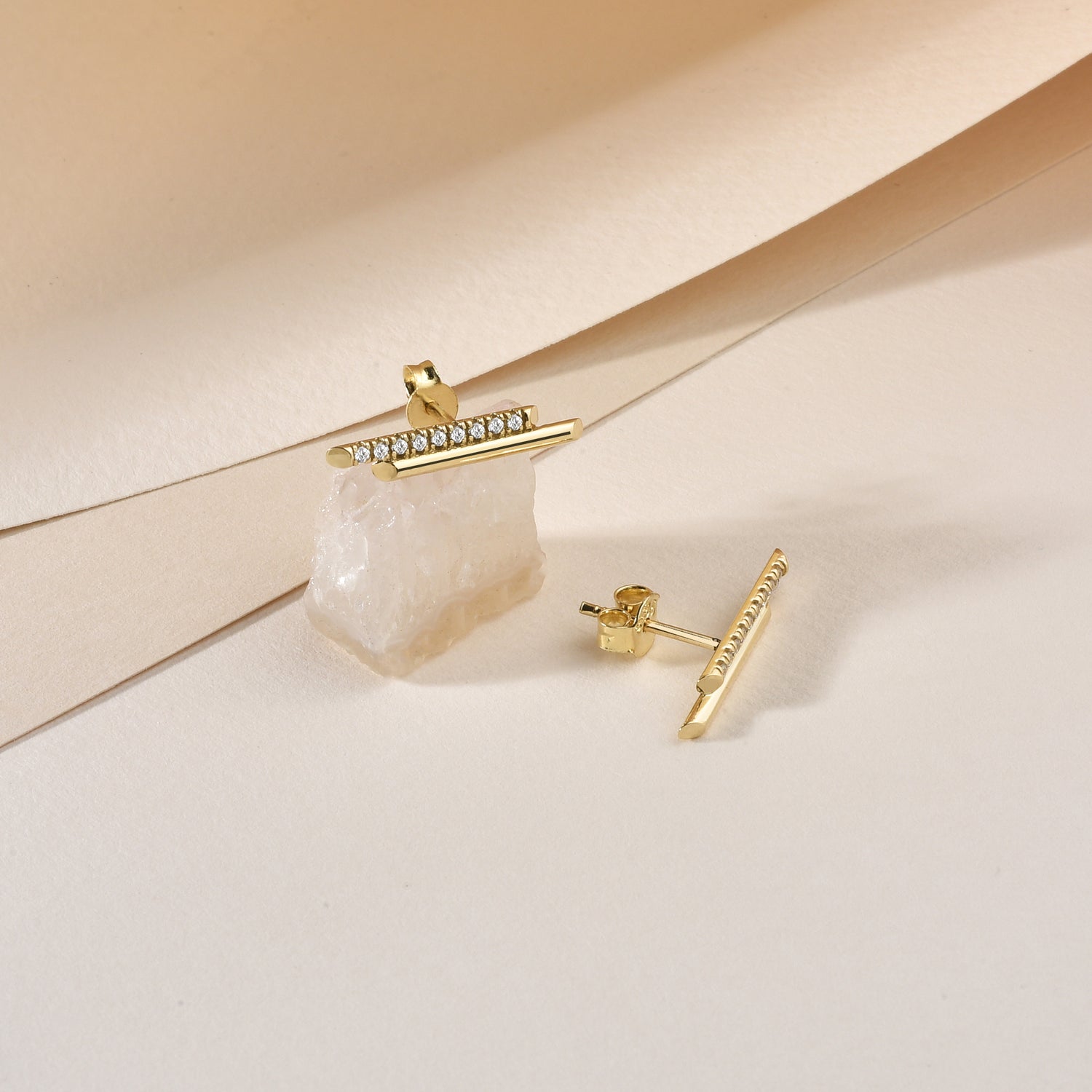 Double Bar Stud 14K Gold Diamond Earrings / Silver