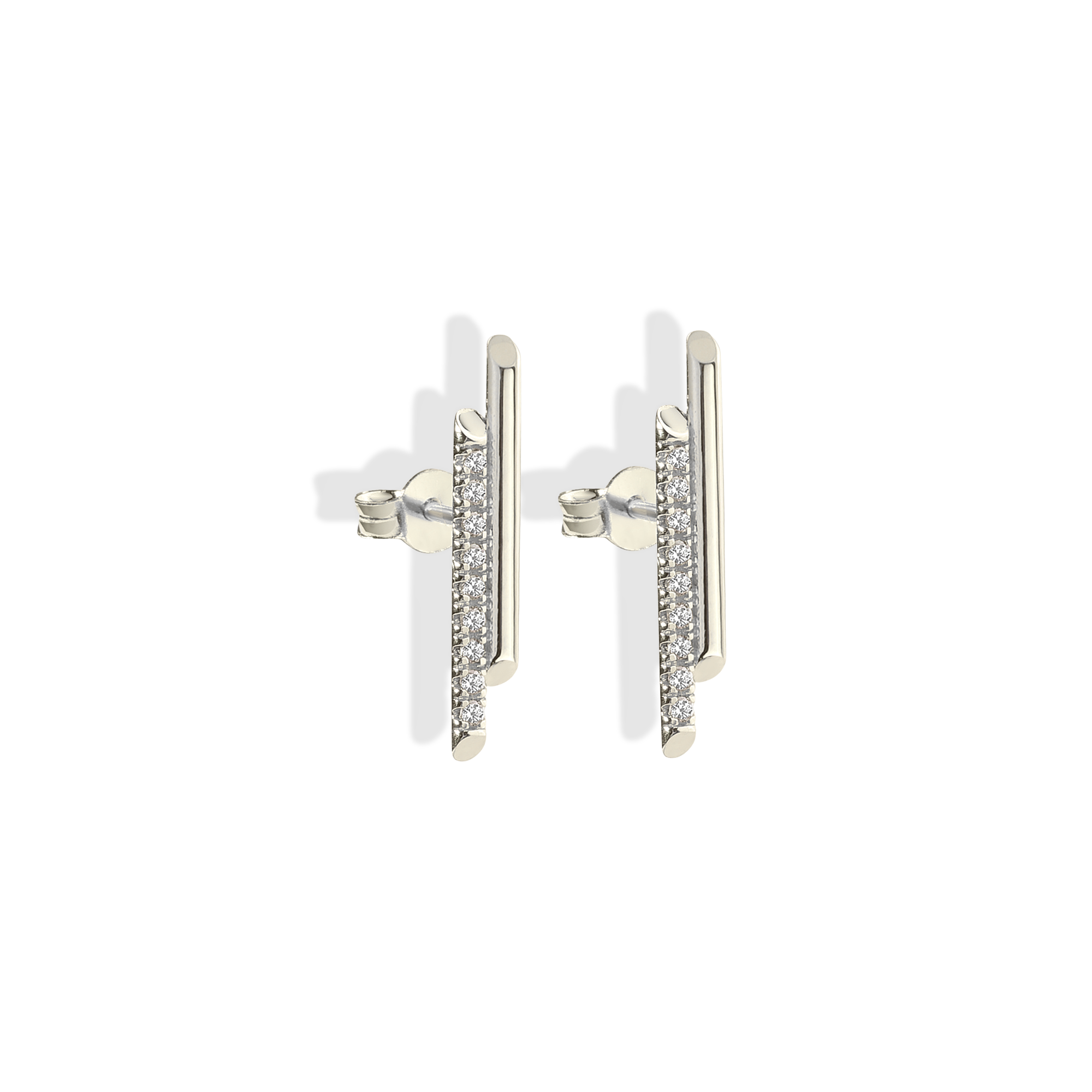 Double Bar Stud 14K Gold Diamond Earrings / Silver