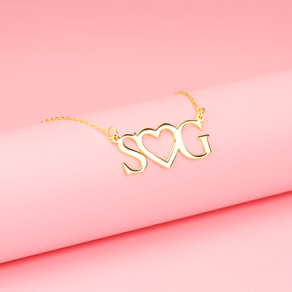 Double Initial Heart Letter Personalized Love Custom Necklace 14K Gold