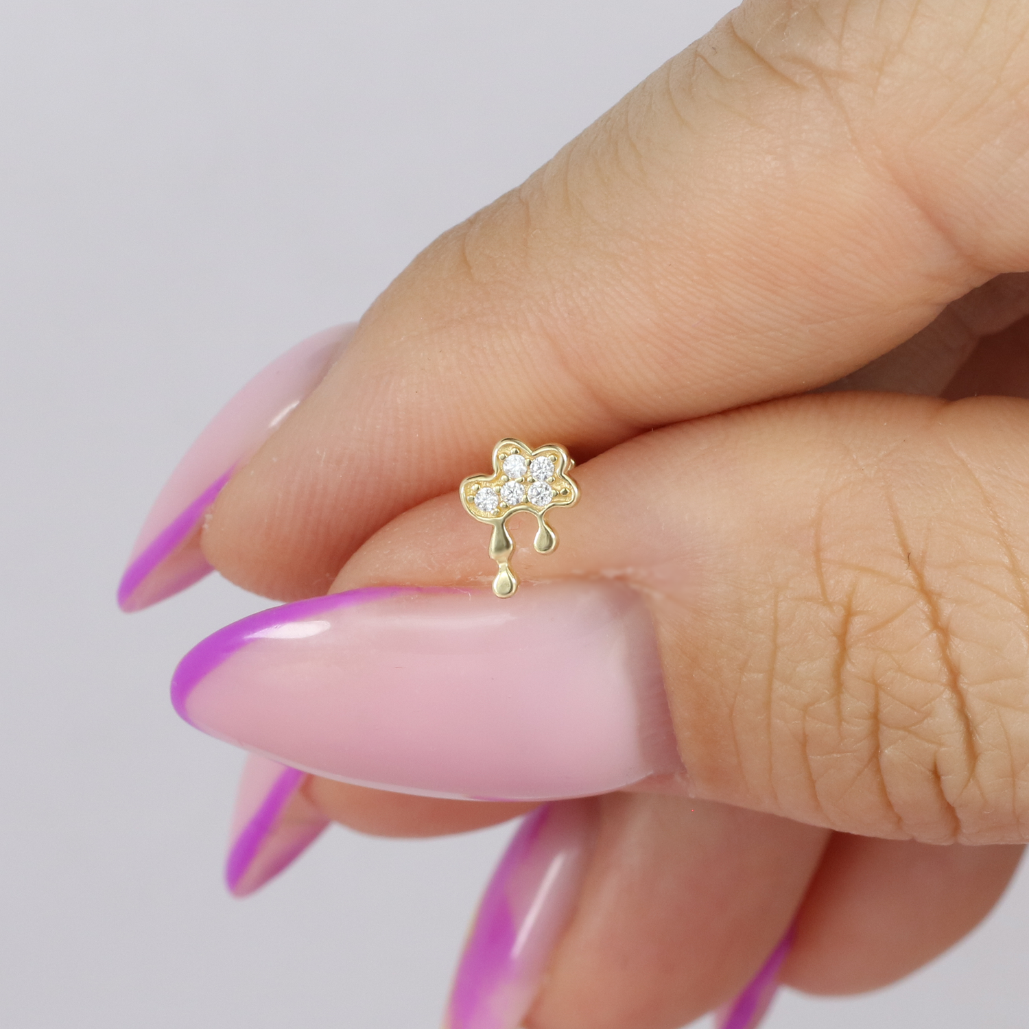 Dripping Cloud Flatback Ear Piercing 14K Gold with CZ Stone