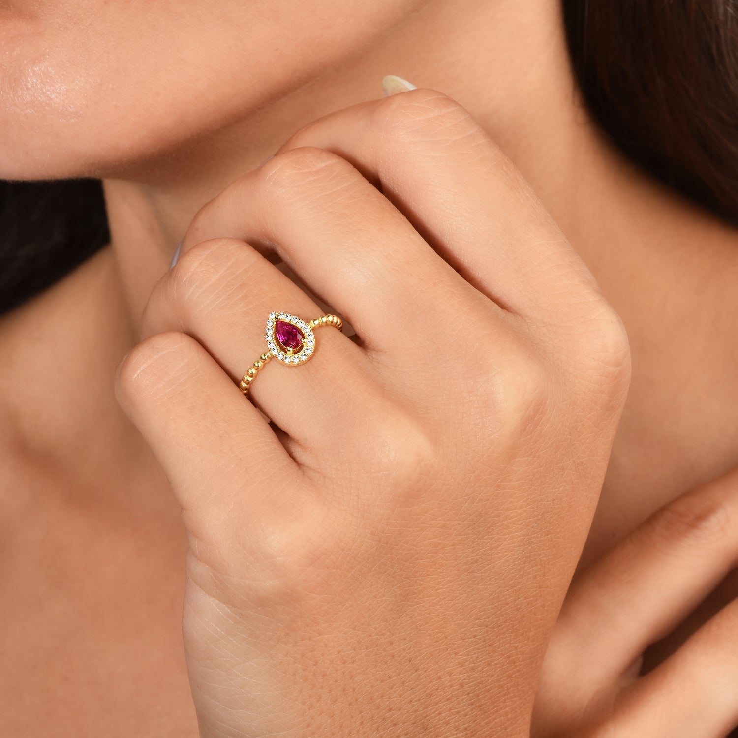 Drop Pink Diamond Open Ring 14K Gold
