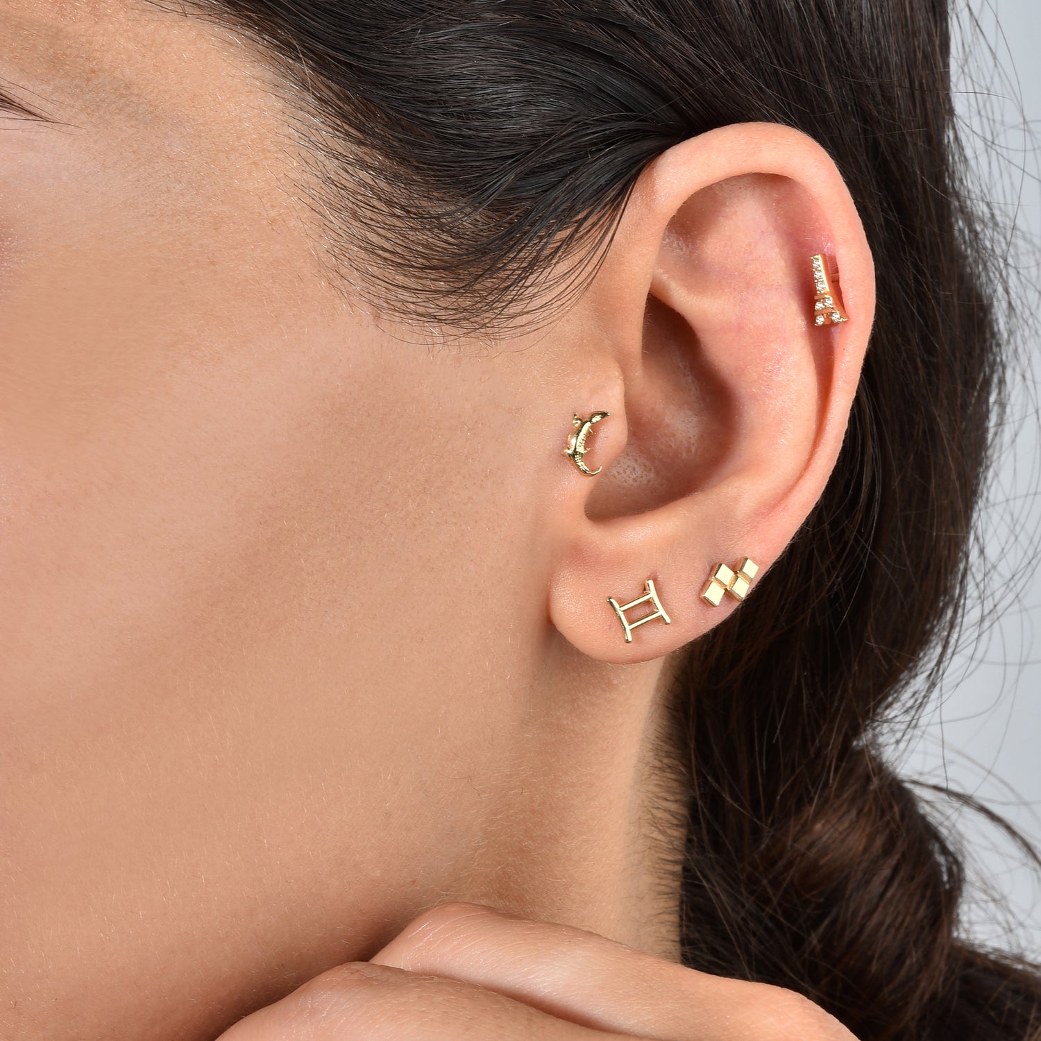 14K Gold Eiffel Tower Back Ear Piercing with CZ Stone