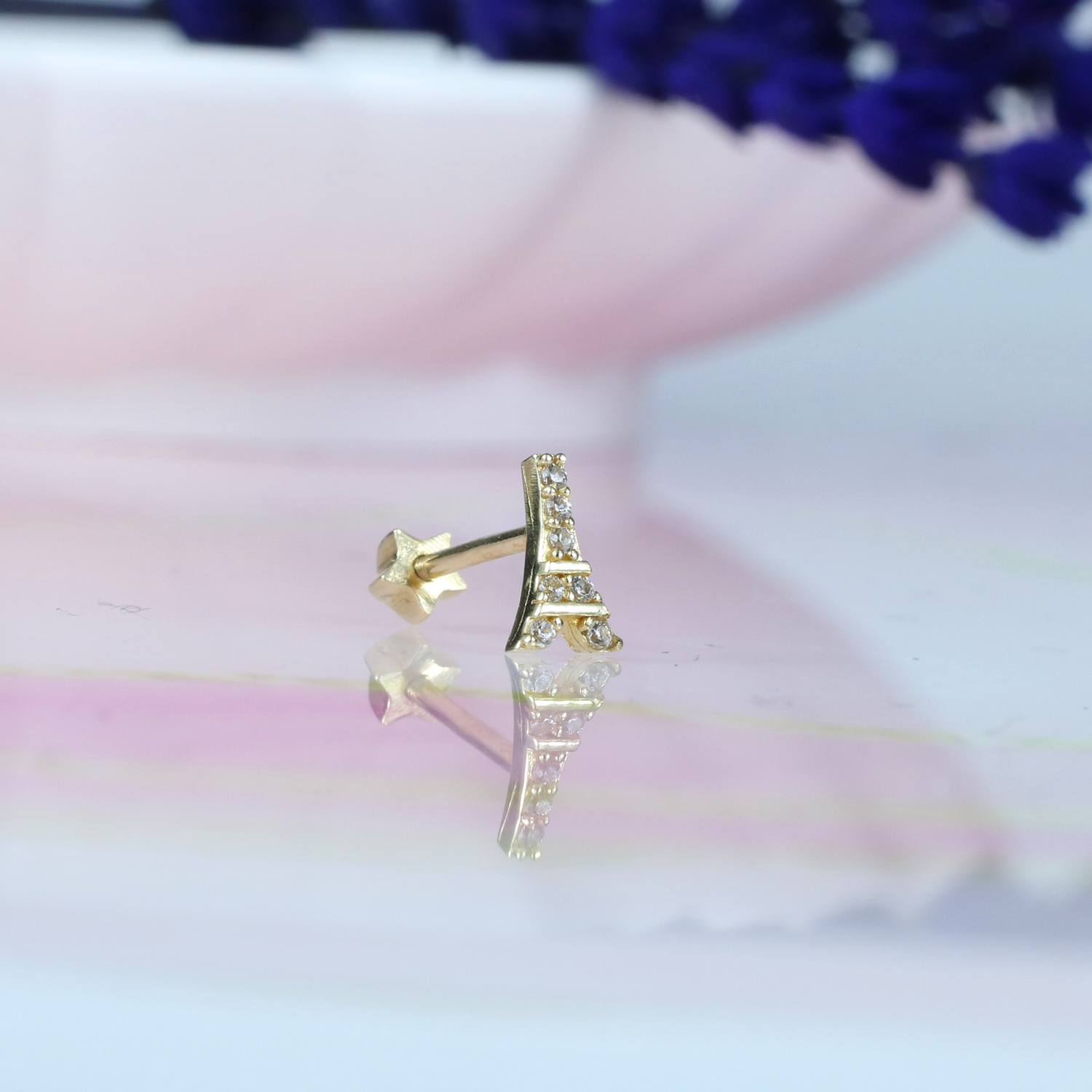 Eiffel Tower Flatback Ear Piercing 14K Gold with CZ Stone