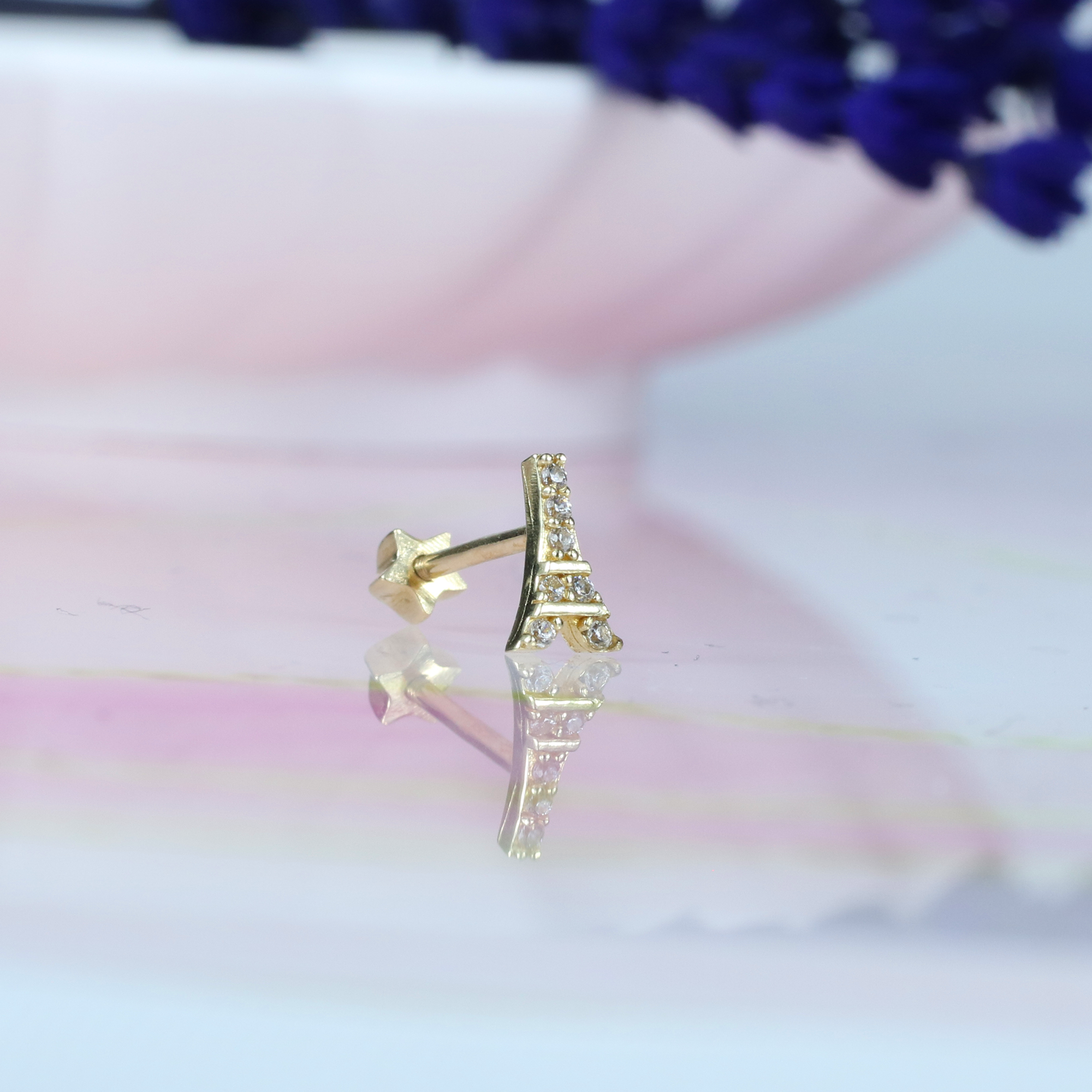 Eiffel Tower Flatback Ear Piercing 14K Gold with CZ Stone