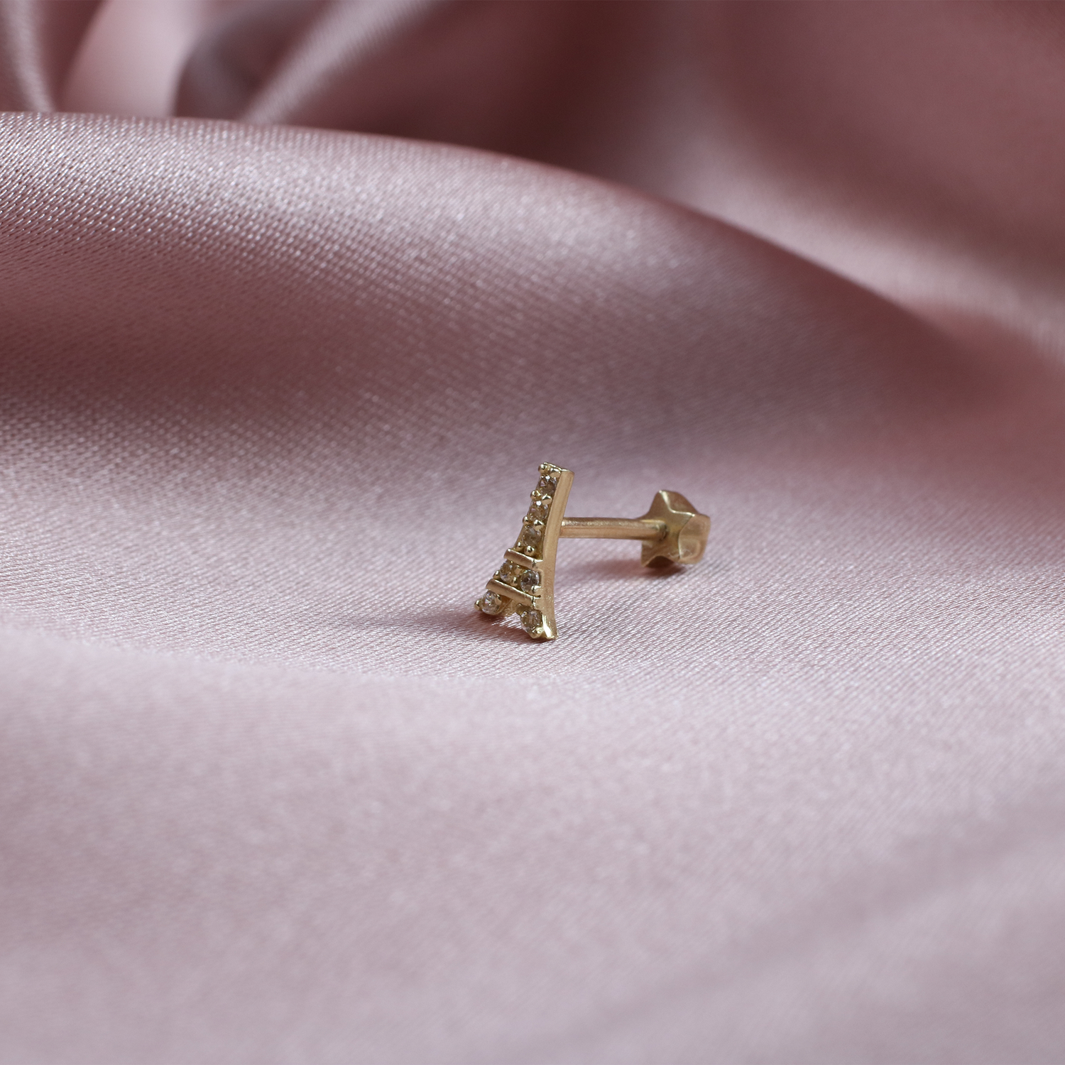 Eiffel Tower Flatback Ear Piercing 14K Gold with CZ Stone