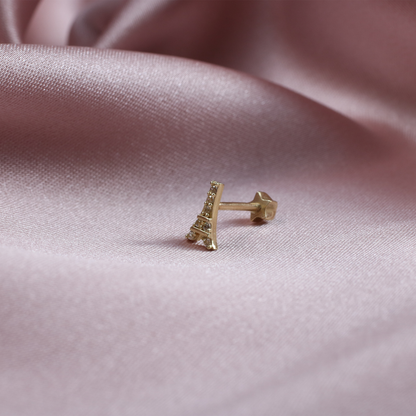 Eiffel Tower Flatback Ear Piercing 14K Gold with CZ Stone