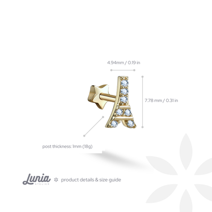 Eiffel Tower Flatback Ear Piercing 14K Gold with CZ Stone