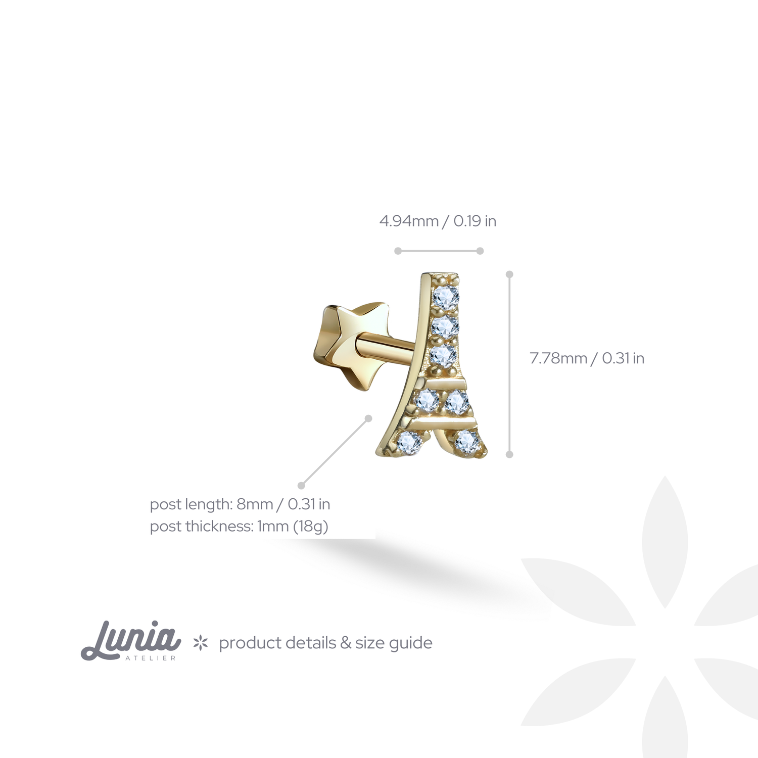 Eiffel Tower Flatback Ear Piercing 14K Gold with CZ Stone