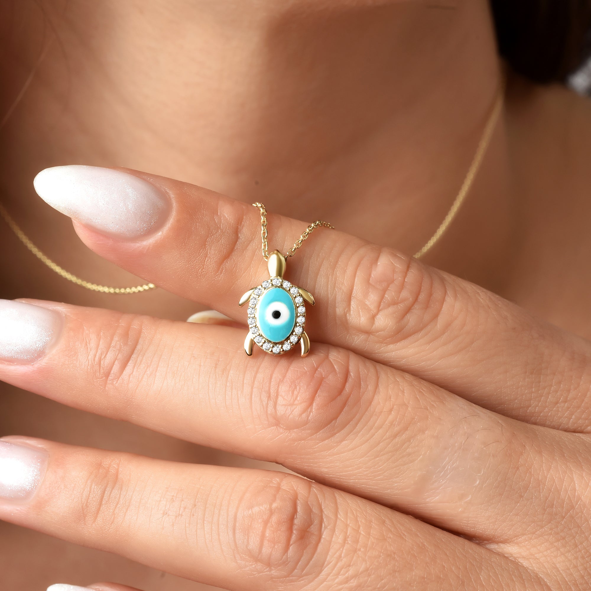 14K Gold Turtle Charm with Evil Eye Bead Necklace