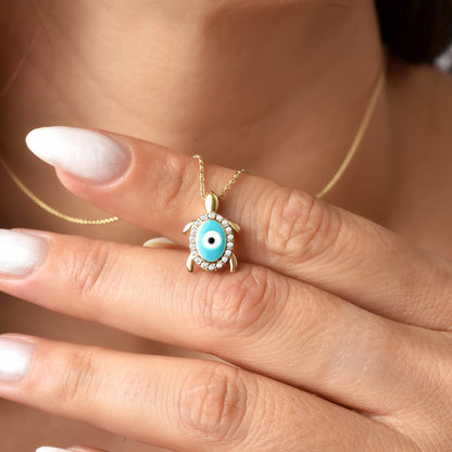 14K Gold Turtle Charm with Evil Eye Bead Necklace